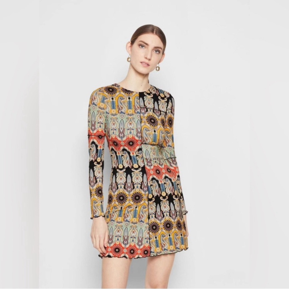 Alice + Olivia Delora Patchwork Paisley Long-Sleeve Mini Dress Size 2